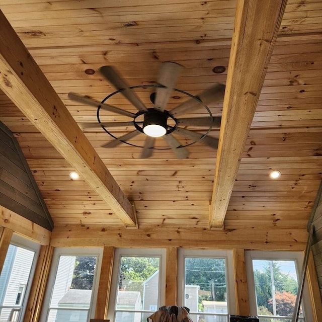 room details featuring beam ceiling, ceiling fan, wooden ceiling, and wood walls