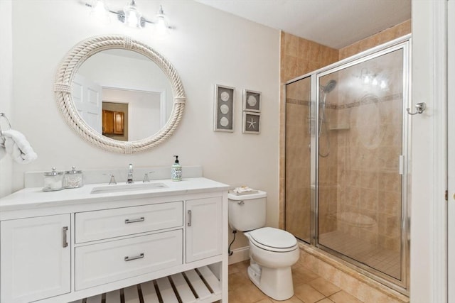 full bath with toilet, a shower stall, tile patterned floors, and vanity