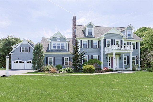 view of front of home featuring a balcony, a chimney, a front yard, and concrete driveway