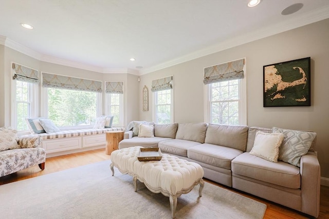 living room with light wood-type flooring, crown molding, and recessed lighting