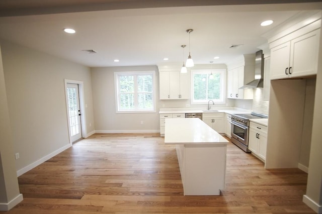 140 Tispaquin St, Middleboro, MA 02346 - kitchen featuring stainless steel appliances, wall chimney exhaust hood, a sink, a center island, and light wood-style flooring