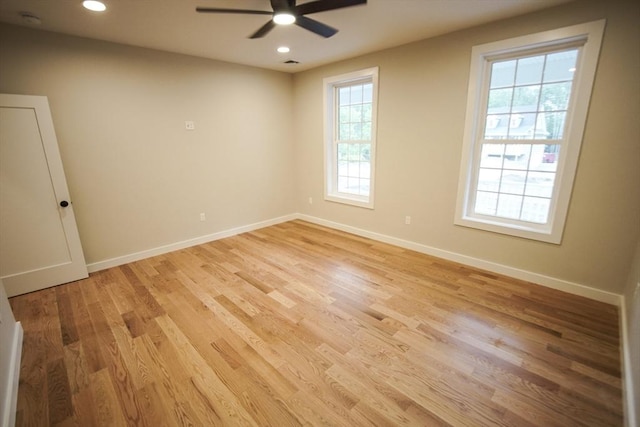 140 Tispaquin St, Middleboro, MA 02346 - empty room featuring ceiling fan, baseboards, light wood-type flooring, and recessed lighting