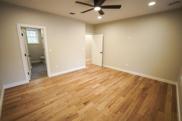 140 Tispaquin St, Middleboro, MA 02346 - unfurnished bedroom featuring recessed lighting, light wood-style floors, baseboards, ensuite bathroom, and ceiling fan