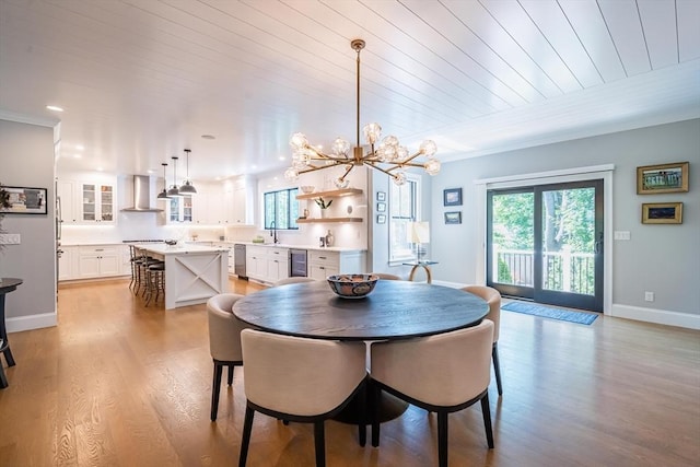 1 Putnam Rd, Bedford, MA 01730 - dining space featuring wine cooler, light wood-style floors, a chandelier, wooden ceiling, and ornamental molding