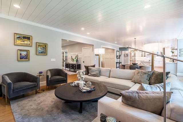 1 Putnam Rd, Bedford, MA 01730 - living room featuring recessed lighting, light wood-type flooring, and ornamental molding