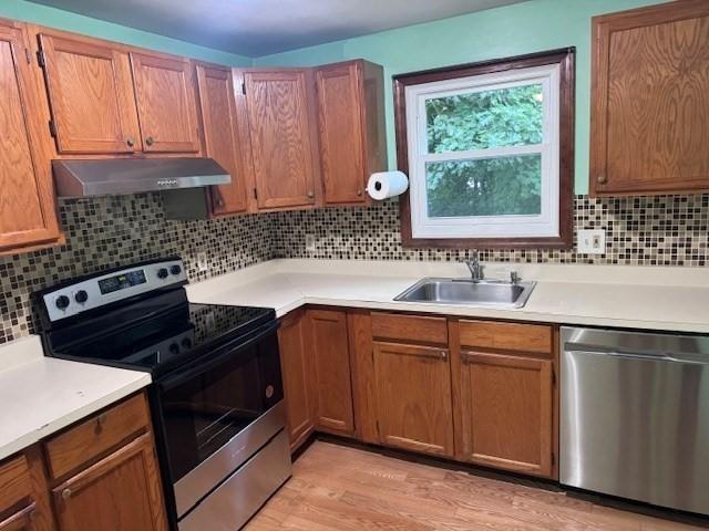 30 Wallace Cir Unit 30, Malden, MA 02148 - kitchen with stainless steel appliances, under cabinet range hood, a sink, tasteful backsplash, and light wood finished floors