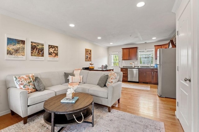 24 Merrimac Way Unit H, Tyngsborough, MA 01879 - living room with light wood-style floors, recessed lighting, and crown molding