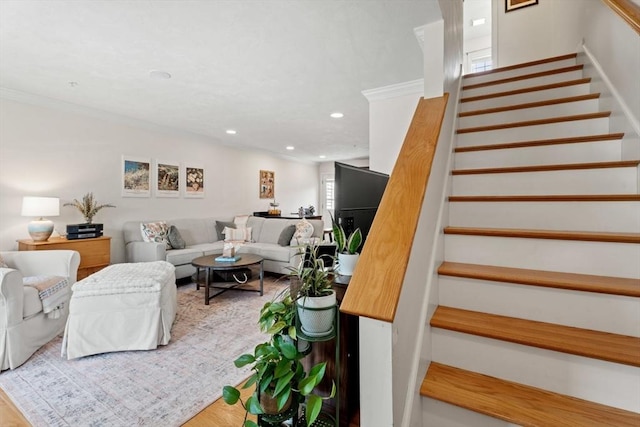 24 Merrimac Way Unit H, Tyngsborough, MA 01879 - living area featuring stairway, recessed lighting, ornamental molding, and light wood finished floors
