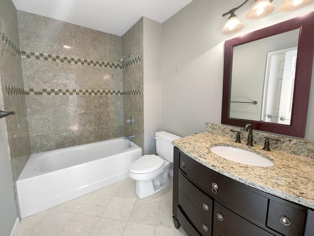 full bath featuring tub / shower combination, vanity, toilet, and tile patterned floors