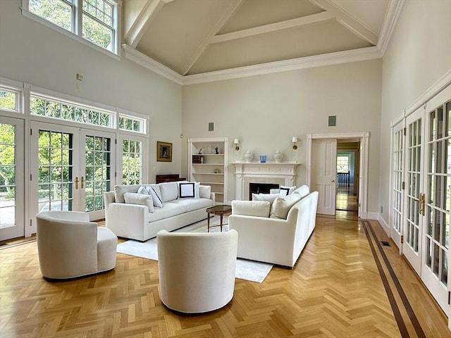 0 Gulf Rd, Dartmouth, MA 02748 - living room featuring french doors, high vaulted ceiling, and a high end fireplace