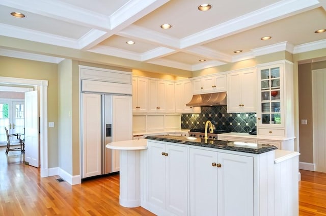 0 Gulf Rd, Dartmouth, MA 02748 - kitchen featuring paneled built in refrigerator, under cabinet range hood, white cabinetry, tasteful backsplash, and beamed ceiling
