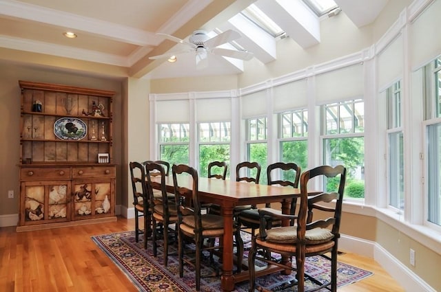 0 Gulf Rd, Dartmouth, MA 02748 - dining space with ceiling fan, light wood-style flooring, recessed lighting, a skylight, and beam ceiling