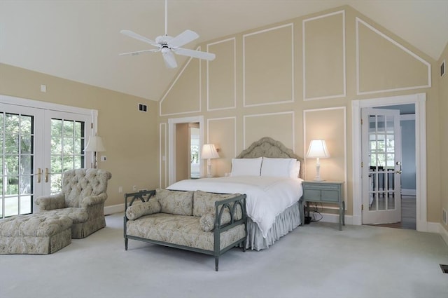 0 Gulf Rd, Dartmouth, MA 02748 - bedroom with french doors, high vaulted ceiling, carpet flooring, and a ceiling fan