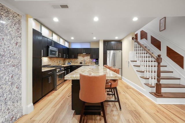 kitchen featuring high end appliances, a kitchen island, light wood-style flooring, and a kitchen breakfast bar