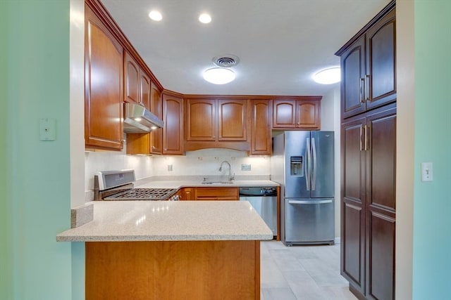 3 Concord Greene Unit 4, Concord, MA 01742 - kitchen featuring appliances with stainless steel finishes, under cabinet range hood, a sink, a peninsula, and light stone counters