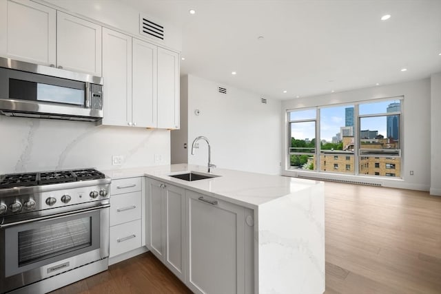 700 Harrison Ave Unit Ph-610, Boston, MA 02118 - kitchen featuring appliances with stainless steel finishes, a sink, a peninsula, light stone counters, and open floor plan