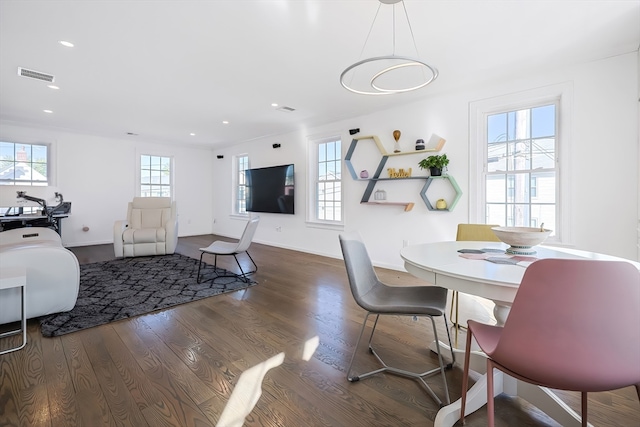 dining space featuring dark wood-type flooring