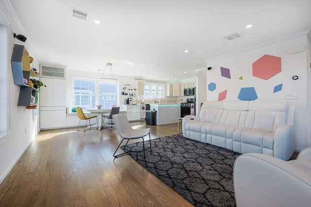 living room with ornamental molding, sink, and wood-type flooring