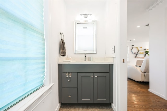 bathroom with vanity and wood-type flooring