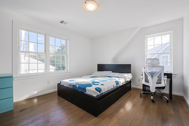 bedroom featuring multiple windows and dark hardwood / wood-style flooring