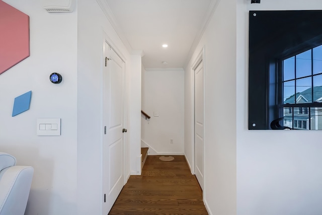 corridor featuring ornamental molding and dark hardwood / wood-style floors