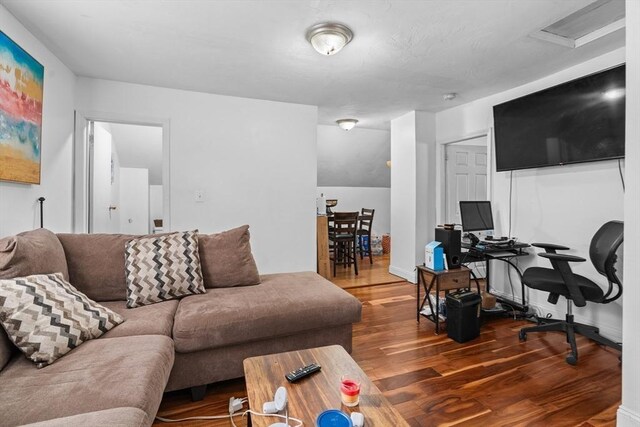 56 N Warren Ave, Brockton, MA 02301 - living area featuring wood finished floors, an office area, and attic access