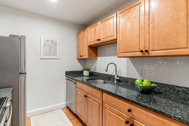 kitchen with a sink, stainless steel appliances, dark stone counters, backsplash, and baseboards