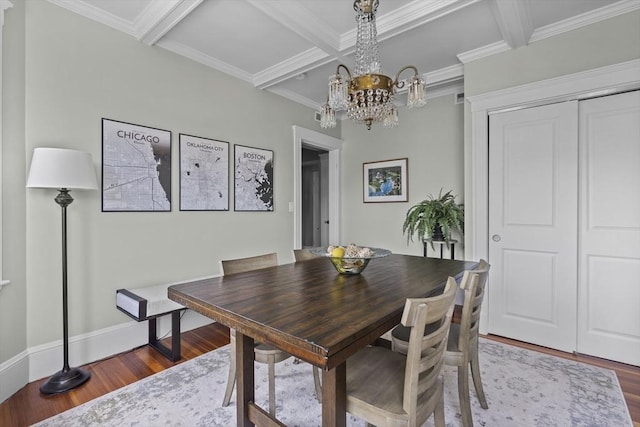 40 King St Unit 3, Boston, MA 02122 - dining room featuring wood finished floors, a chandelier, coffered ceiling, beam ceiling, and crown molding