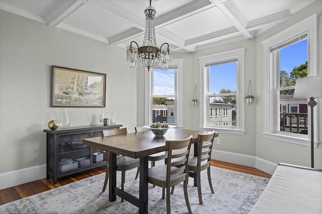 40 King St Unit 3, Boston, MA 02122 - dining area with a chandelier, wood finished floors, coffered ceiling, and beam ceiling