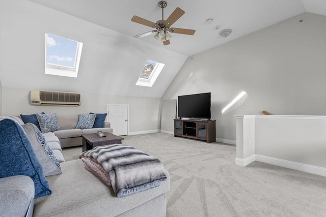 living room with ceiling fan, lofted ceiling with skylight, a wall mounted AC, and light carpet