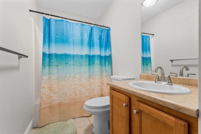 full bathroom with tile patterned flooring, vanity, shower / tub combo, and toilet