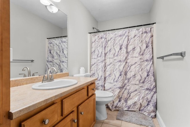 bathroom with walk in shower, vanity, toilet, and tile patterned flooring