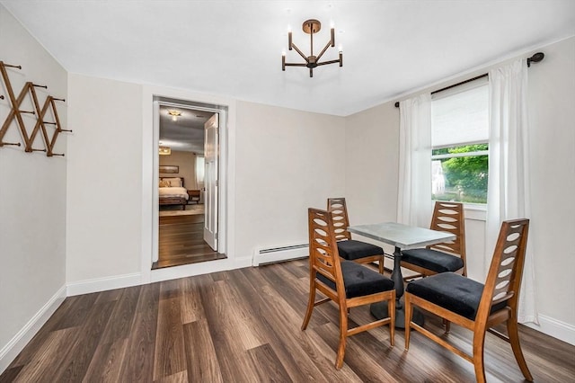 7 Washington St, Groveland, MA 01834 - dining area featuring baseboard heating, a chandelier, and dark wood finished floors