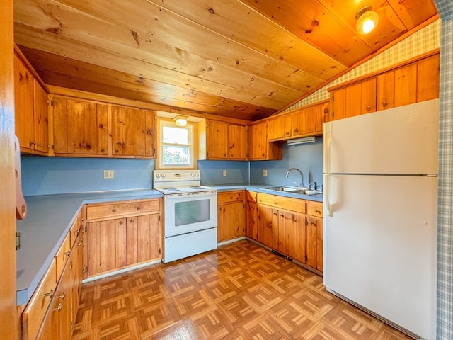 kitchen featuring lofted ceiling, sink, white appliances, light parquet flooring, and wooden ceiling