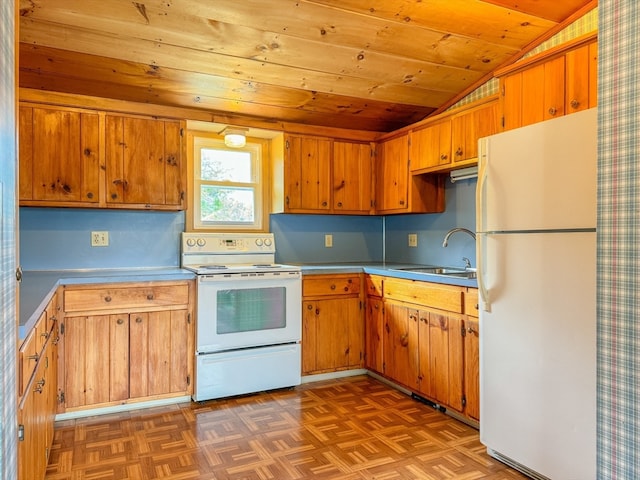 kitchen featuring wood ceiling, vaulted ceiling, white appliances, dark parquet floors, and sink