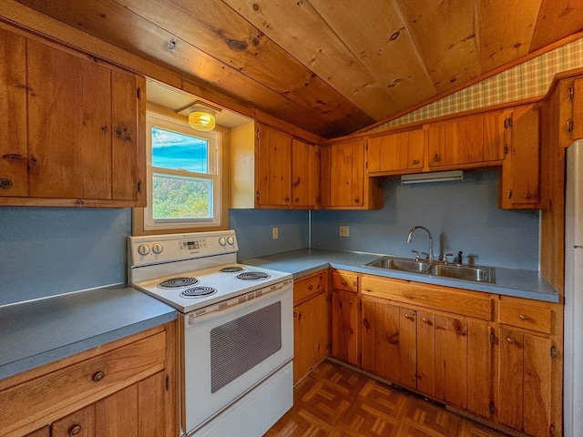 kitchen featuring white electric range, vaulted ceiling, dark parquet floors, and sink