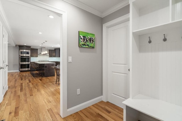 mudroom featuring crown molding and light hardwood / wood-style flooring