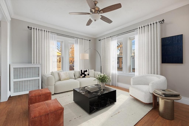 living room with hardwood / wood-style floors, ceiling fan, and ornamental molding