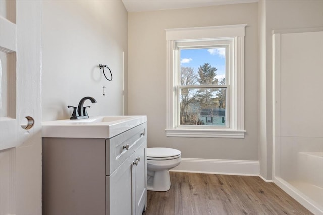 bathroom with hardwood / wood-style floors, vanity, and toilet