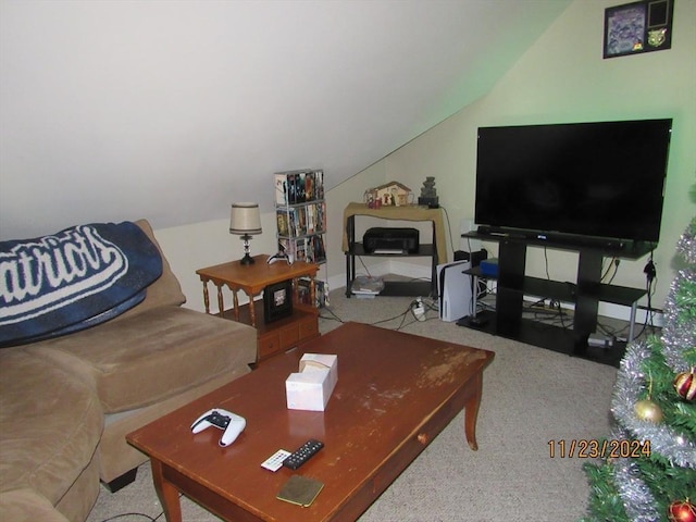 living room with light carpet and lofted ceiling