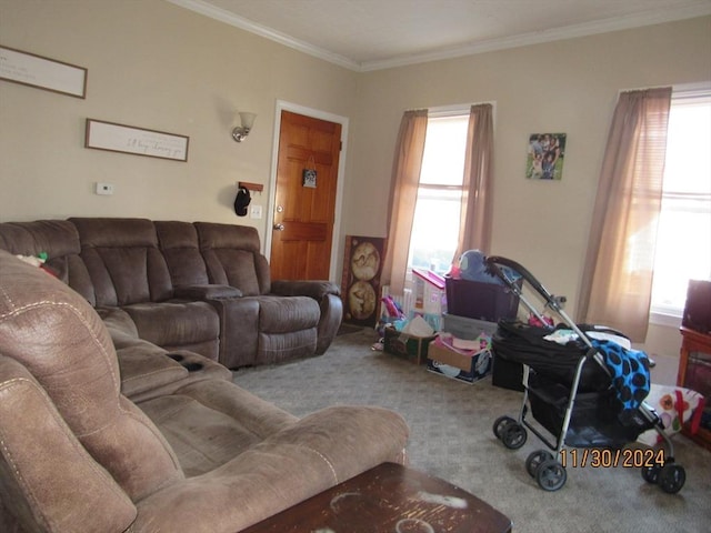 living room featuring light carpet, a healthy amount of sunlight, and crown molding