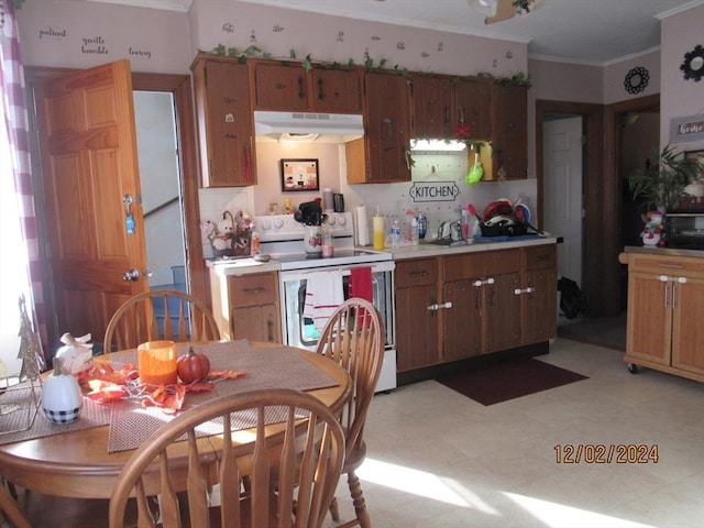 kitchen featuring white electric range oven, sink, decorative backsplash, and ornamental molding