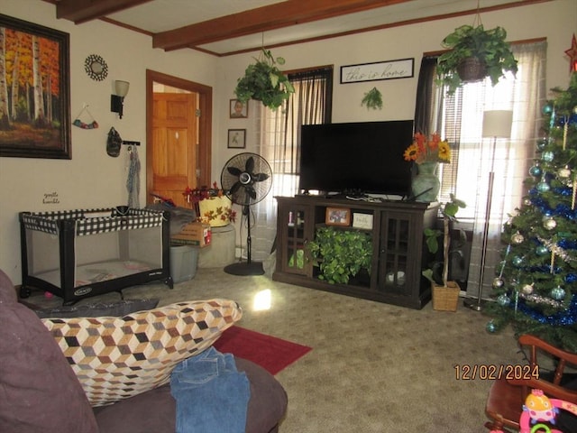 living room with beamed ceiling