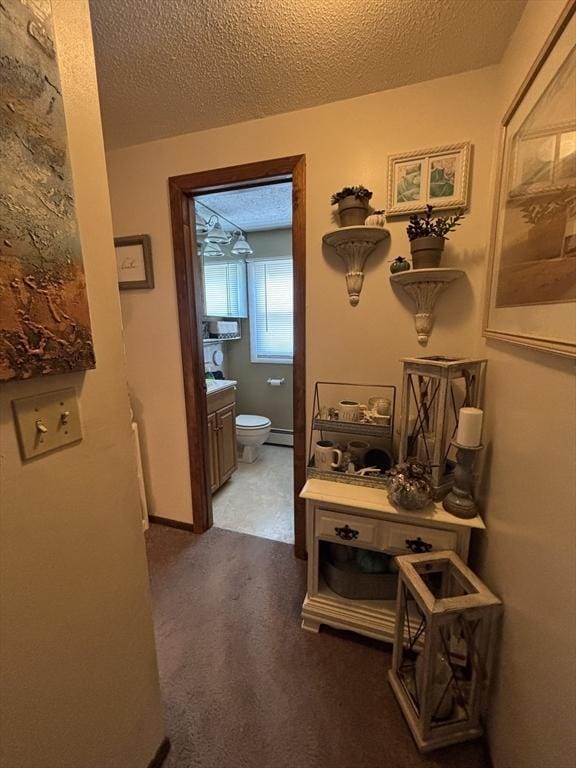 115 Redemption Rock Trl, Sterling, MA 01564 - hallway featuring a textured ceiling, a baseboard heating unit, and carpet