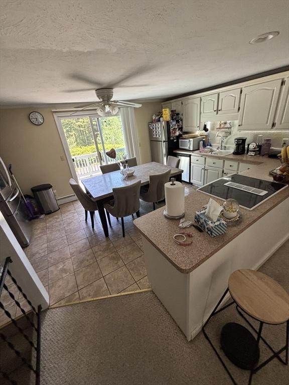115 Redemption Rock Trl, Sterling, MA 01564 - kitchen with ceiling fan, white cabinets, a sink, stainless steel appliances, and a peninsula