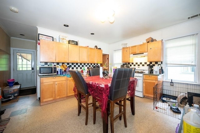 dining room featuring ornamental molding and light flooring