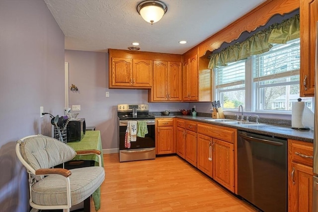 kitchen featuring stainless steel range with electric cooktop, light wood finished floors, dishwashing machine, a sink, and brown cabinetry