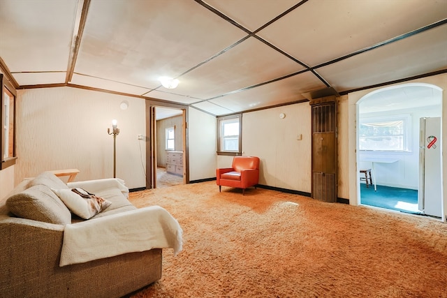 interior space with plenty of natural light, carpet floors, and vaulted ceiling