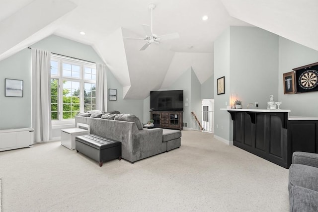 12 Scotland Dr, Andover, MA 01810 - carpeted living area with lofted ceiling, ceiling fan, recessed lighting, and baseboards