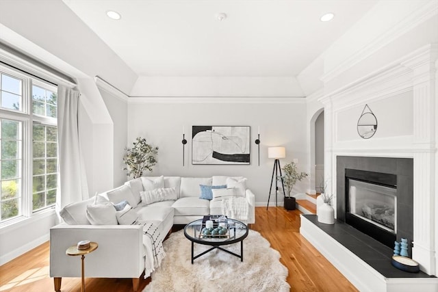 12 Scotland Dr, Andover, MA 01810 - living area featuring arched walkways, a glass covered fireplace, light wood-style floors, baseboards, and recessed lighting